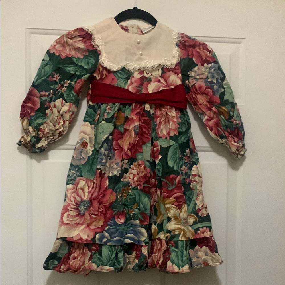 Vintage Ruth of Carolina Floral Long Sleeve Dress with Red Sash